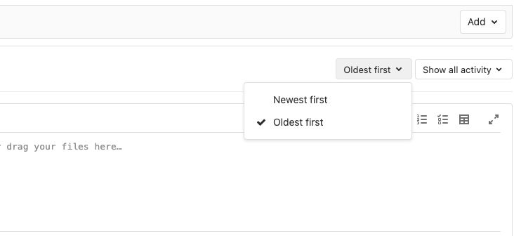 Issue activity sort order dropdown list